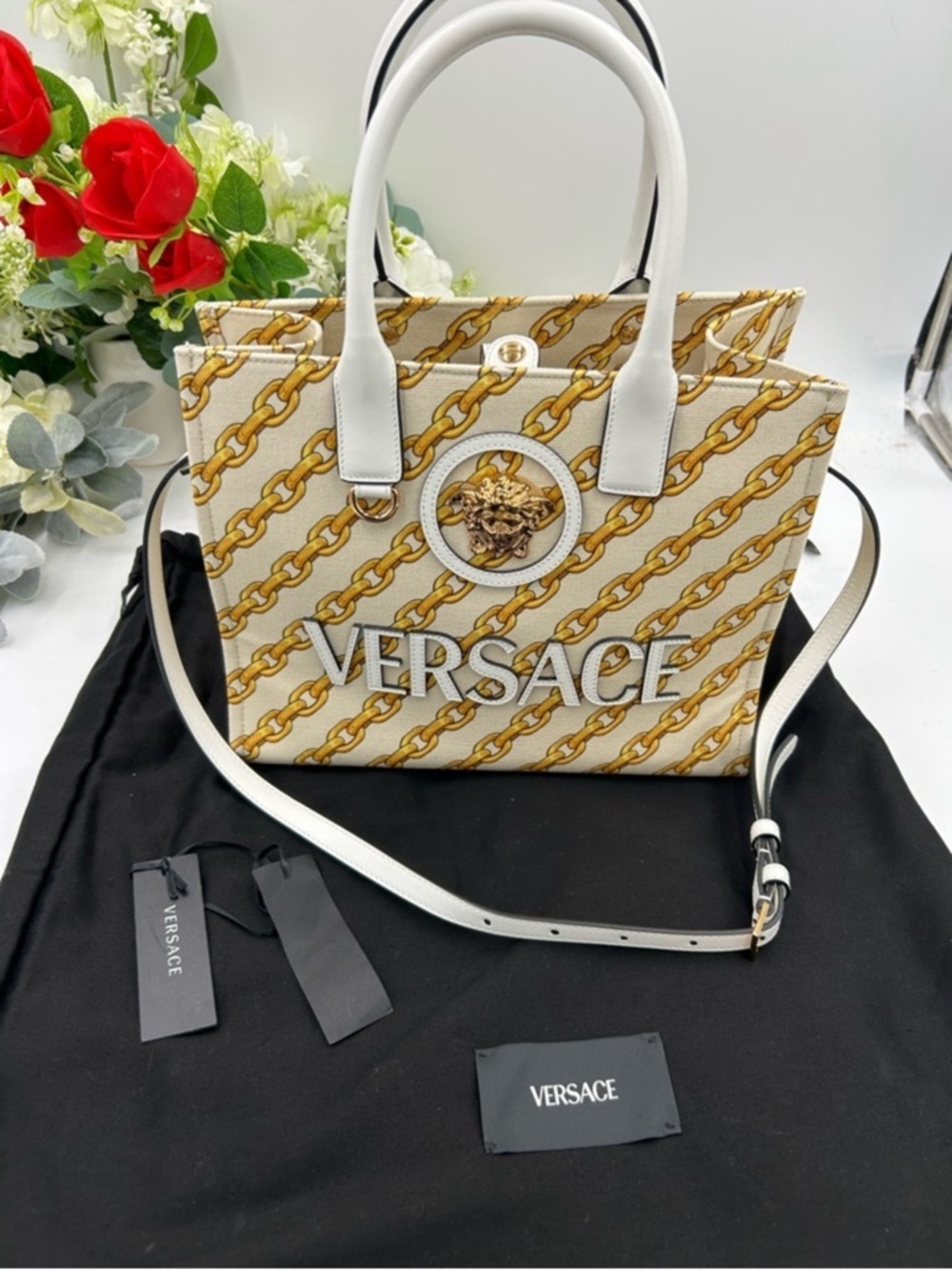 Women’s Versace chain stripe la Medusa tote bag with shoulder strap made Italy